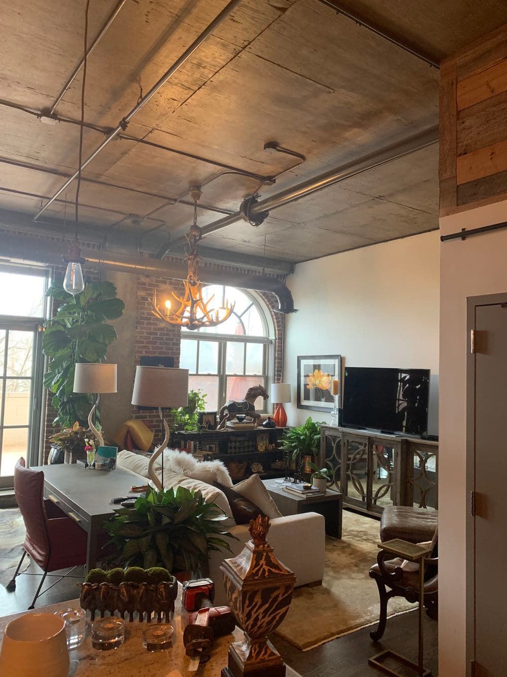 Modern industrial-style living room with plants, chandelier, and cozy furnishings.